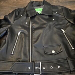 Women's Black Faux Leather Moto Biker Jacket Asym Zip Silver Hardware Medium